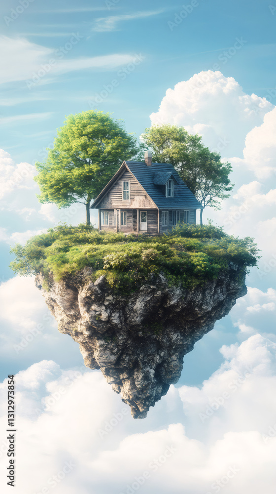 Poster Surreal image of a peaceful wooden house with trees on a rock floating in the cloudy sky, representing isolation and freedom