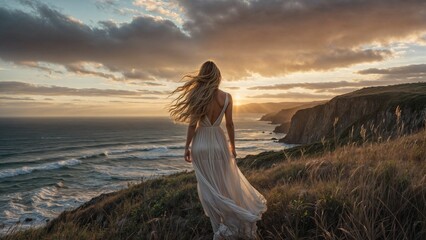 Fototapeta premium A young, elegant woman with long, flowing hair stands on a rugged coastal cliff at sunset, wearing an ethereal dress that flutters in the ocean breeze. The golden light of the setting sun illuminates 