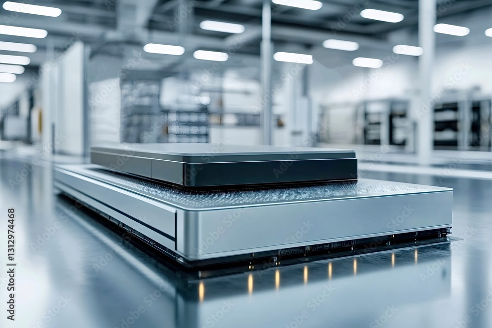 Poster automated guided vehicle carrying a package in a modern factory