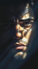 A close up portrait of a man in intense lighting