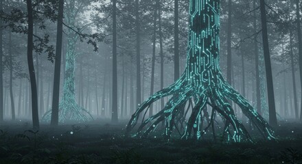 Futuristic Digital Forest with Glowing Circuitry Trees in a Sci-Fi Environment