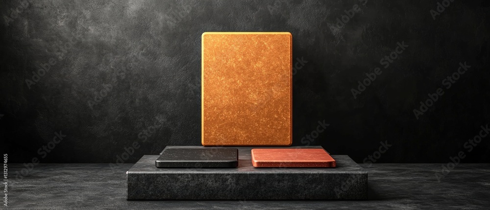 Aufkleber a single wooden block placed on a dark black background in a minimalist studio setting for product p