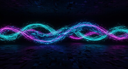 Glowing Cybernetic Energy Waves Flowing Through Futuristic Digital Grid