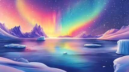 Obraz premium Arctic landscape, aurora borealis, icebergs, mountains, starry sky, winter wonderland, travel poster
