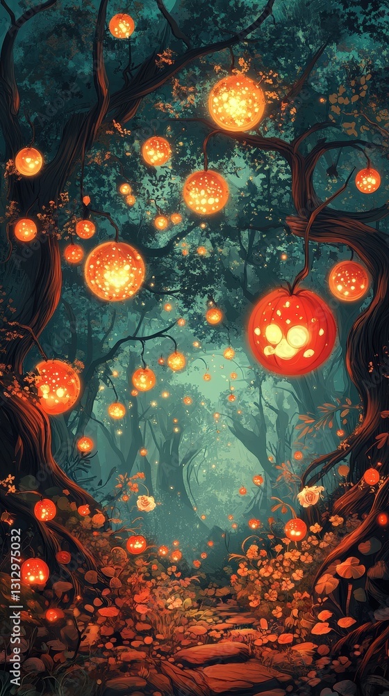 Poster a glowing forest path illuminated by floating circular lights