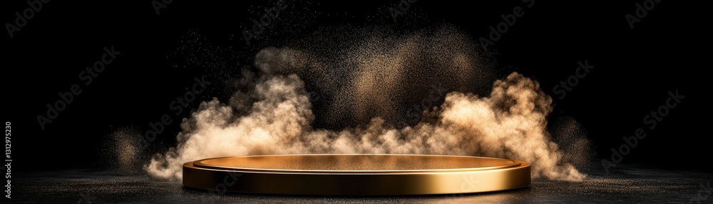 Aufkleber a dusty gold plate resting on a minimalist podium showcasing its unique texture in an empty studio s