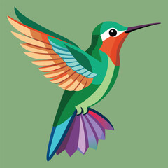 Hummingbird flying near flowers on a branch in a colorful tropical jungle scene