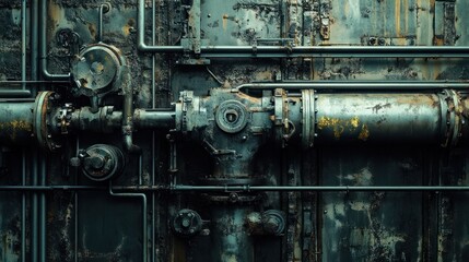 Fototapeta premium Industrial machinery with pipes and valves showing weathered textures and rust.