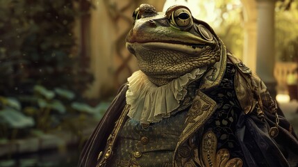 Obraz premium A regal frog dressed in elegant clothing stands confidently in a lush garden, showcasing its unique attire and surroundings