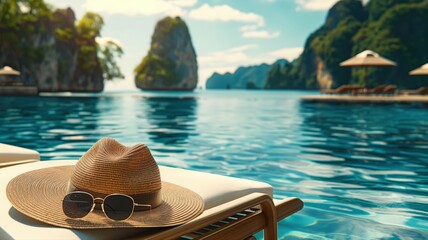 Obraz premium sun hat and designer sunglasses resting on a poolside lounge chair