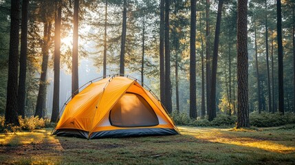 Orange tent in misty forest at sunrise