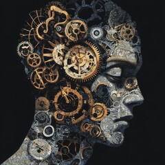 A human face profile composed of interconnected metallic gears