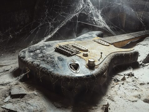 Abandoned six-string guitar, neglected and draped with spiderwebs, resting in a dusty, forgotten corner. A relic of music silenced.