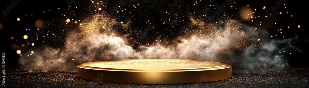 Poster a dusty gold plate resting on a minimalist podium in an empty studio space highlighting its unique t