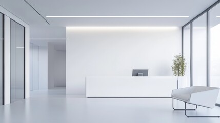 Minimalistic office lobby with modern furniture, soft lighting, calm atmosphere, white walls, professional studio light.