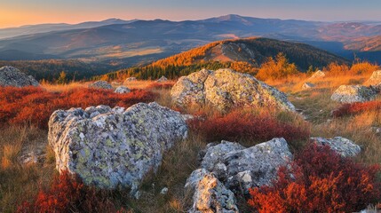 Autumn mountain landscape sunset scenic view travel postcard
