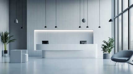Minimalistic office lobby with modern furniture, soft lighting, calm atmosphere, white walls, professional studio light.