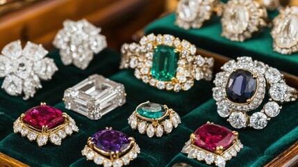 Gemstone counter featuring a velvet pad with assorted diamonds, rubies, and emeralds.