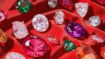 Gemstone counter featuring a velvet pad with assorted diamonds, rubies, and emeralds.