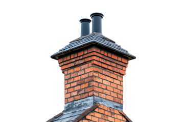 A brick chimney with a black roof isolated on transparent background