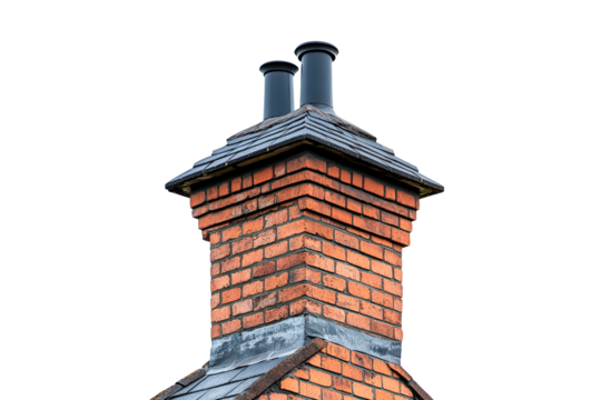 A brick chimney with a black roof isolated on transparent background