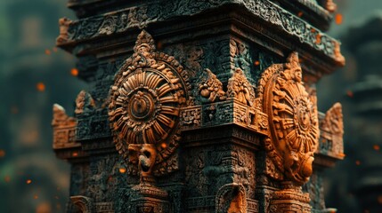 Fototapeta premium Ornate temple pillar, intricate carvings, mystical atmosphere
