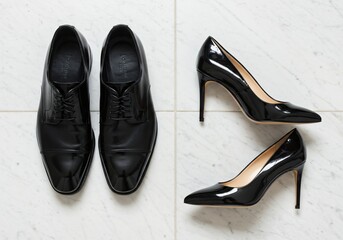 high-end handmade shoes, luxury shoes, men's shoes, women's shoes, men's and women's shoes, Elegant dress shoes and heels placed together on a marble floor