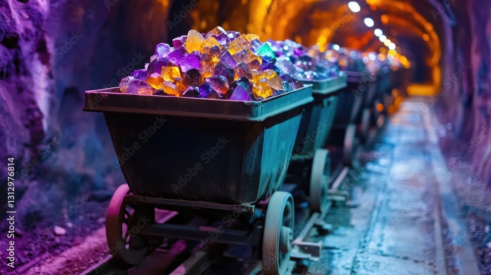 Poster gemstone mining carts on rails filled with raw uncut stones deep underground.