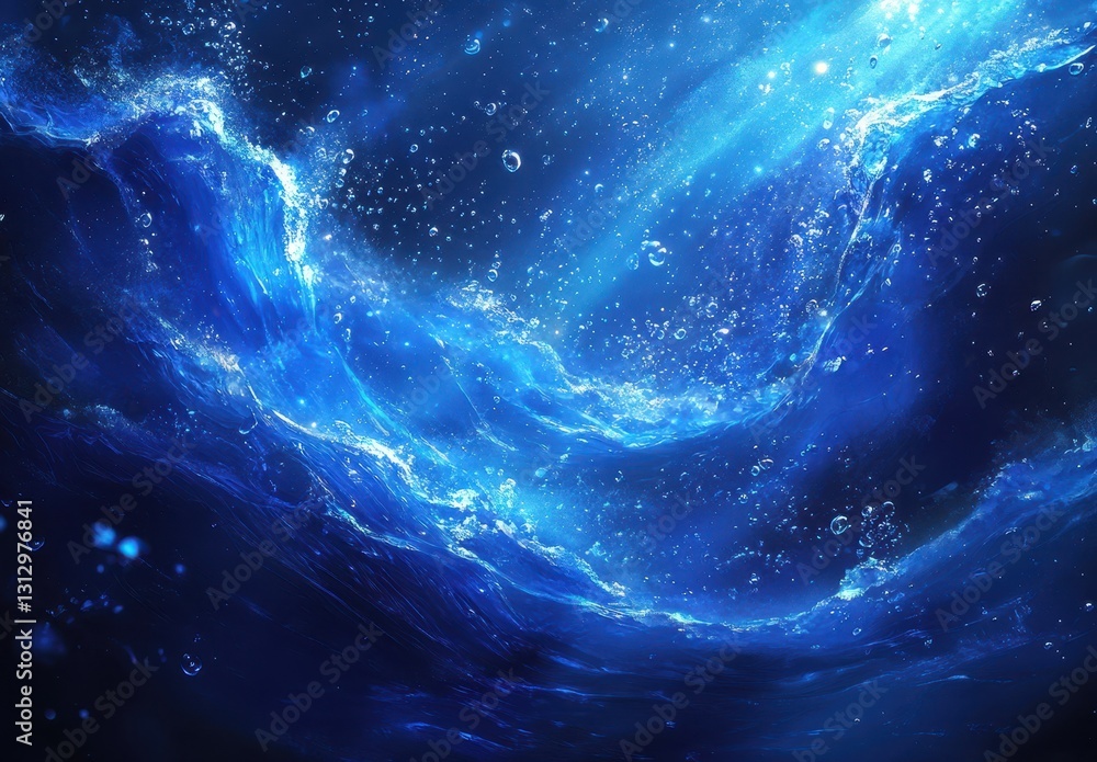 Poster deep blue ocean waves with bubbles and light reflections underwater showing movement and serenity in
