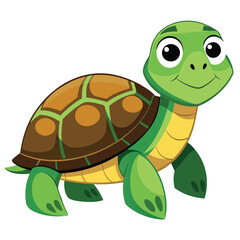 A cute cartoon green sea turtle with a happy shell is isolated against a white background, perfect for illustrating slow, funny wildlife