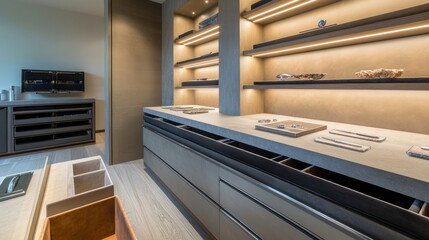 Obraz premium Gemstone showroom with a modern layout, velvet-lined drawers, and premium lighting.