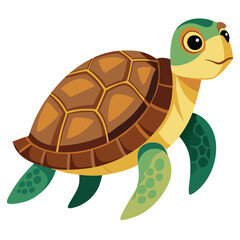 A cute cartoon green sea turtle with a happy shell is isolated against a white background, perfect for illustrating slow, funny wildlife