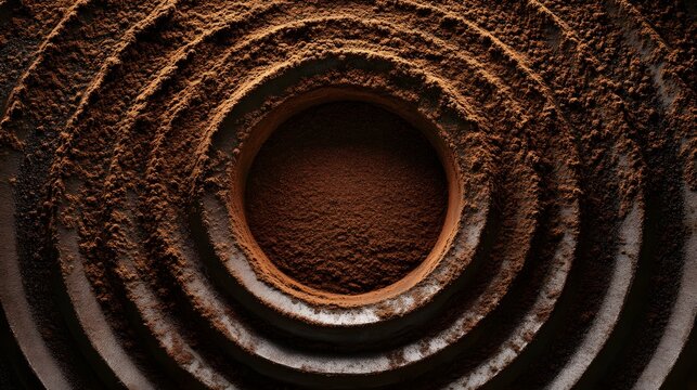 Coffee Powder Abstract: An evocative close-up reveals a ceramic vessel filled with rich coffee powder, its circular form echoed by concentric patterns in a contrasting texture.