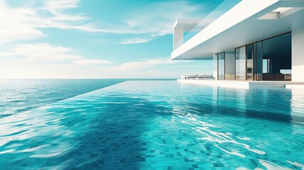 Fototapeta premium 3D render of a modern infinity pool with ice-blue water and accommodation for resting