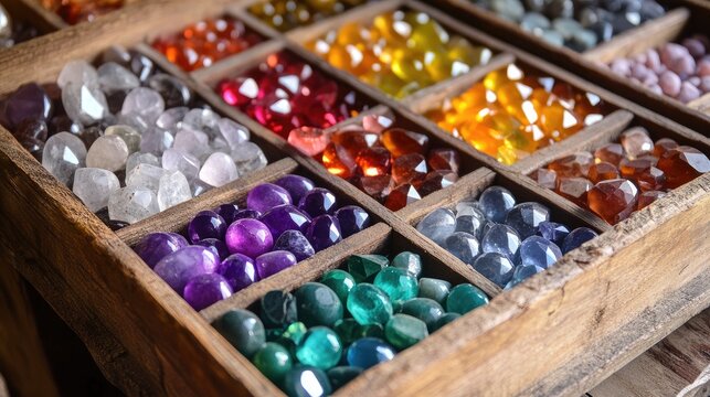 Gem mining sluice box with a mix of sediment and vibrant uncut gemstones.