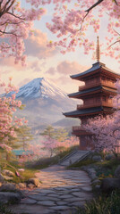 Obraz premium Scenic stone walkway approaching historic wooden pagoda, cherry blossoms framing snow-capped Mount Fuji landmark