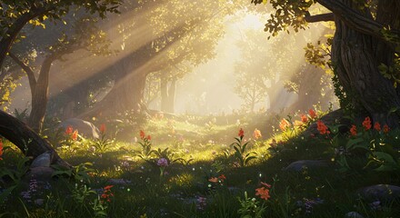 Magical Sunlit Forest Path Lush Greenery Flowers Trees Nature Scene