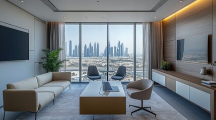 Fototapeta premium Modern office lounge with city view. Ideal for showcasing contemporary workspace