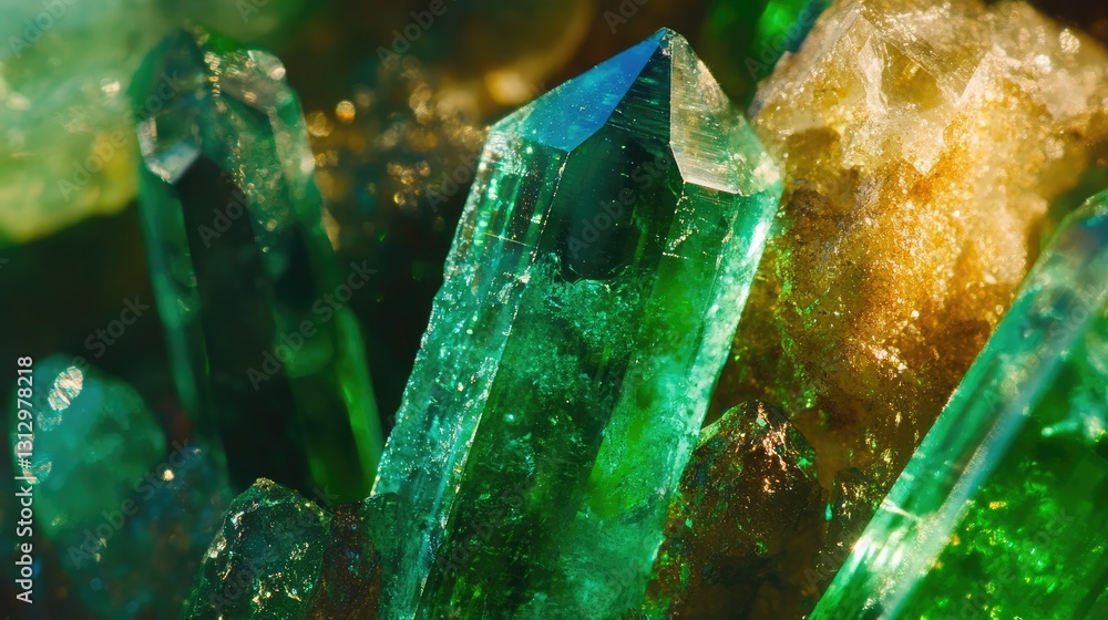 Poster gleaming emerald reflecting colorful light streaks in a macro close-up shot.