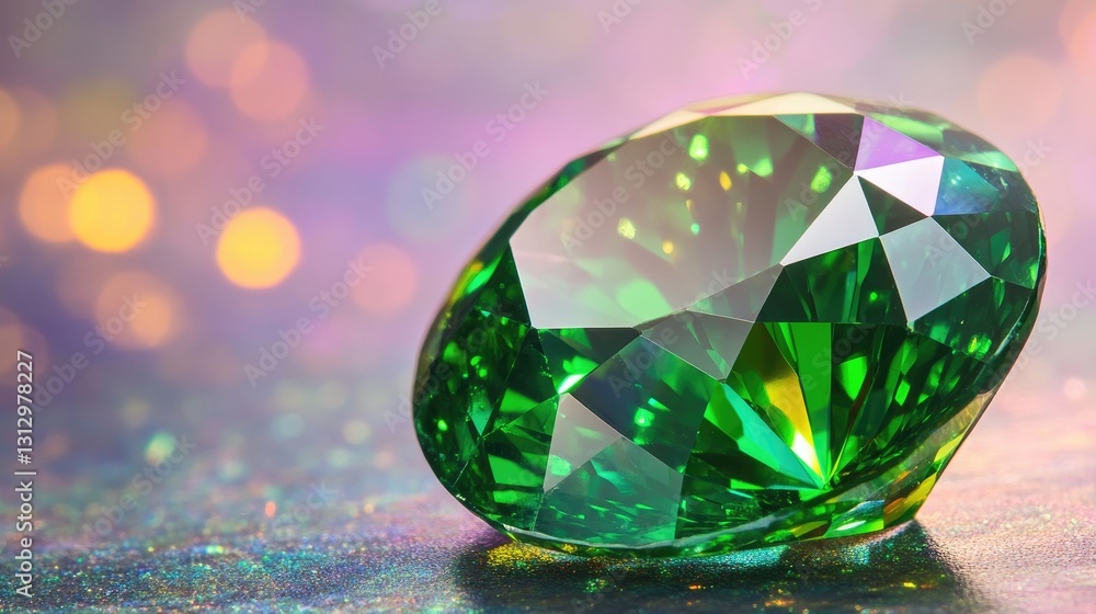 Poster gleaming emerald reflecting colorful light streaks in a macro close-up shot.