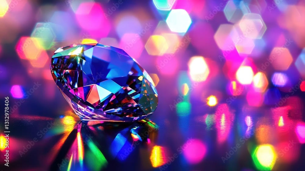 Poster gleaming sapphire reflecting colorful light streaks in a macro close-up shot.