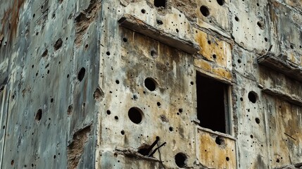 Bullet-ridden building facade, war damage, urban decay, background rubble
