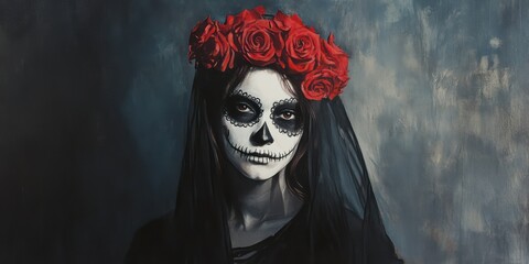 Fototapeta premium Calavera Catrina, red roses, veil, dark background, Halloween
