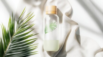 Glass Water Bottle with Bamboo Lid on Soft Natural Linen Cloth