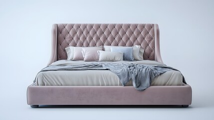 A plush upholstered bed in a pastel color, featuring an elegant quilted design and luxurious bedding, set against an isolate background
