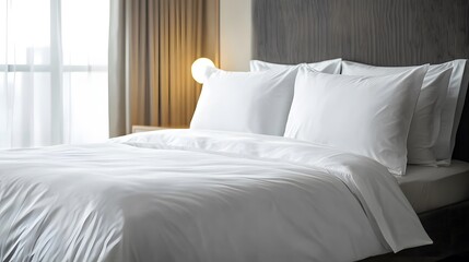 A hotel-style luxury bed with crisp white sheets, fluffy pillows, and a neatly folded duvet, presented on an isolate background