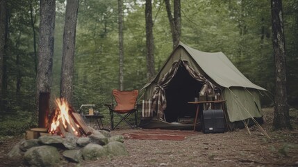 Campfire glows beside a tent in a forest.  Relaxing nature escape