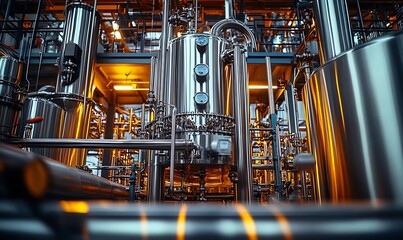 Industrial Plant Interior with Metal Pipes and Tanks Under Warm Lighting