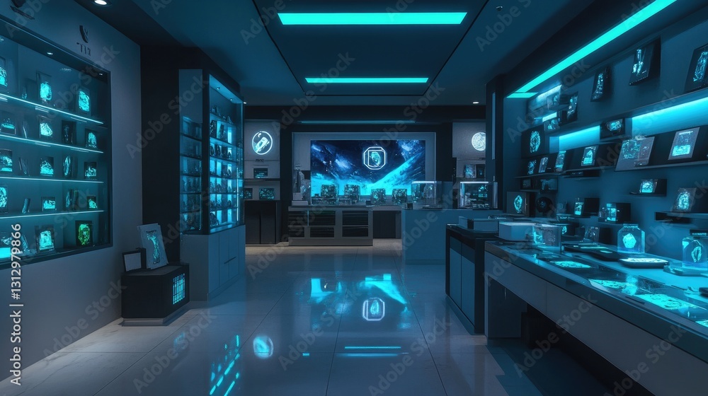 Poster high-tech gemstone store featuring a digital interface for gemstone certification.
