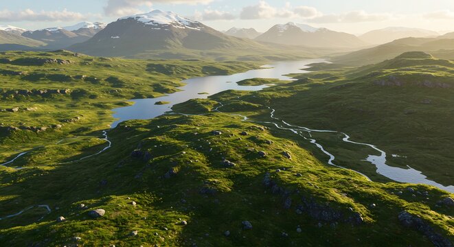 Serene Highland Landscape Green Hills River Mountains